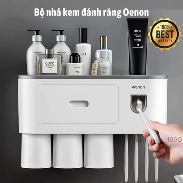 Bộ Nhả Kem Đánh Răng Tự Động, Kệ Để Bàn Chải Kem Đánh Răng Cao Cấp Oenon (Tặng Miếng Dán+ Sticker )