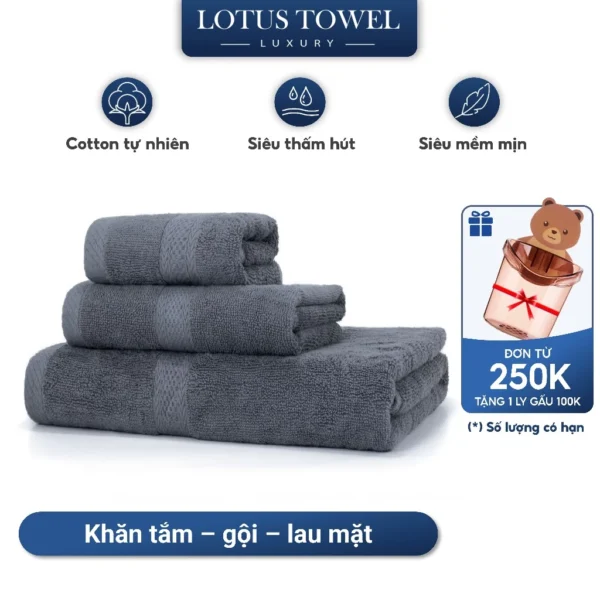 Bộ khăn tắm, khăn mặt, khăn gội LOTUS 100% Cotton, Mềm Mịn Thấm Hút, Không Ra Màu, Dùng Cho Gia Đình
