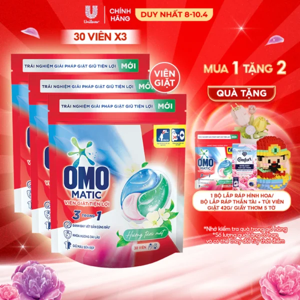 Combo 3 túi viên giặt tiện lợi OMO 3 trong 1 (30 viên/50 viên)