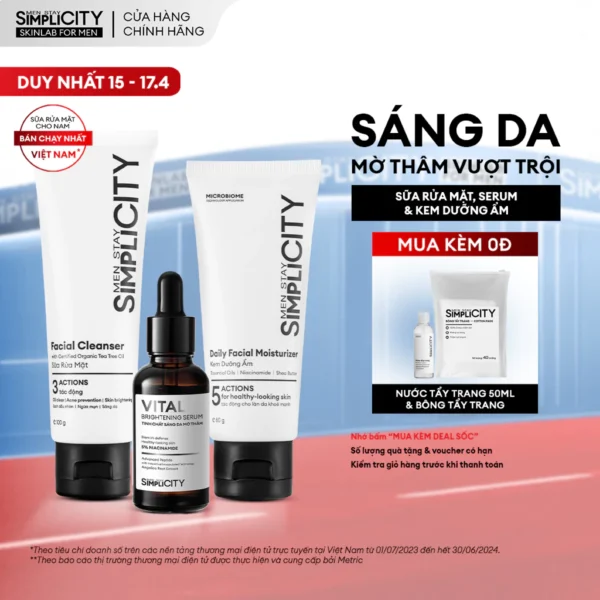 Combo sáng da mờ thâm vượt trội cho nam sữa rửa mặt, serum Vital, kem dưỡng ẩm Men Stay Simplicity Brightening Trio