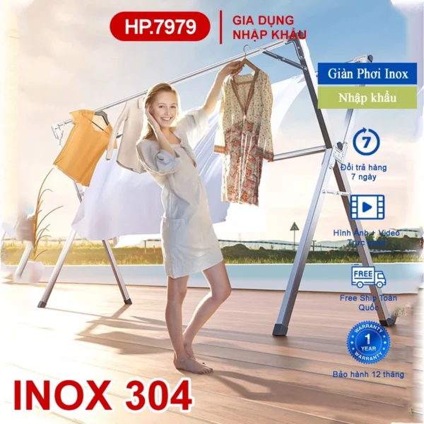 Giàn Phơi Đồ Thông Minh HP7979 Xào Phơi Inox Gấp Gọn Nhanh Chóng Trong 5 Giây, Giá Phơi Quần Áo Ngoài Trời