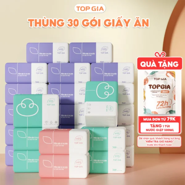 Giấy ăn gấu trúc, thùng 30 gói rút 3 màu Top Gia cao cấp, mềm mịn, an toàn