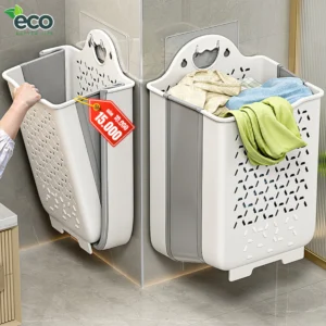 Giỏ đựng quần áo nhà tắm ECO thiết kế tay cầm treo tường có thể gấp gọn chất liệu nhựa kèm miếng dán