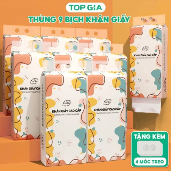Khăn giấy rút Top Gia thùng 9 bịch thiết kế treo tường thông minh, tiện lợi, siêu dai và mềm mịn