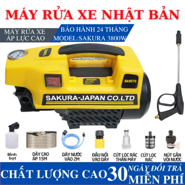 Máy rửa xe Sakura 3800W - Lõi đồng 100% bảo hành 24 tháng - tặng bình bọt tuyết