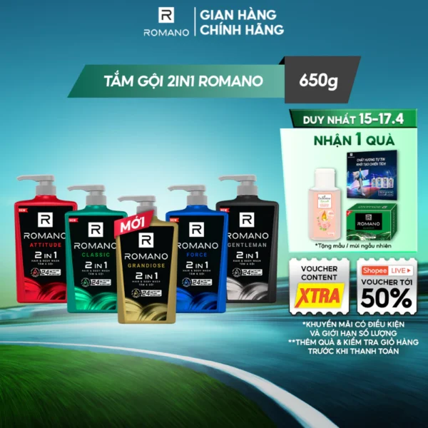Tắm gội cho nam 2 trong 1 hương Nước hoa nam Romano 2in1 650g/chai