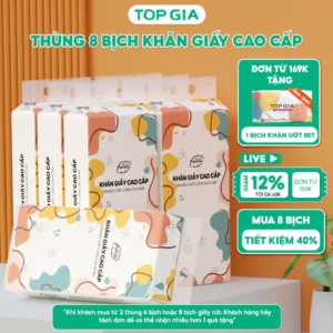 Thùng 8 bịch khăn giấy rút Top Gia treo tường đa sắc 1280 tờ, dập vân 4D, siêu dai và mềm mịn