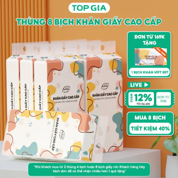 Thùng 8 bịch khăn giấy rút Top Gia treo tường đa sắc 1280 tờ, dập vân 4D, siêu dai và mềm mịn