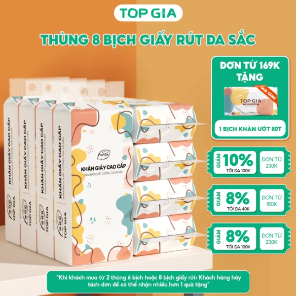 Thùng 8 bịch khăn giấy treo tường Top Gia đa sắc làm từ 100% bột gỗ nguyên chất