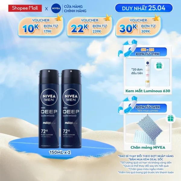 Bộ 2 Xịt Ngăn Mùi NIVEA MEN Deep Than Đen Hương Gỗ Đen