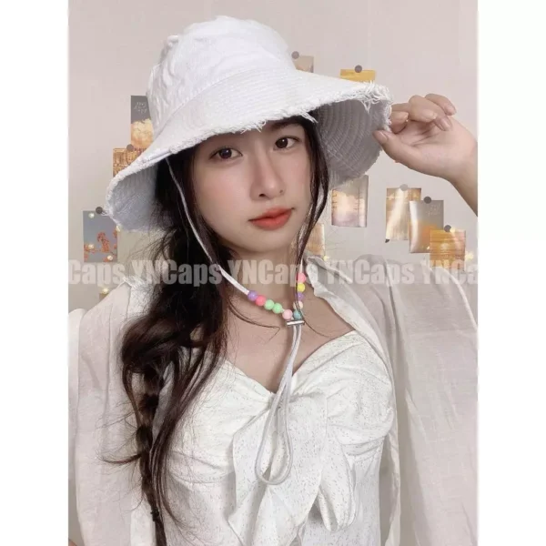 Nón Bucket Tua Rua Trơn Dây Hạt Hàn Quốc: Mũ Tai Bèo Chống Nắng Unisex - Hot Trend 2025 - Hình ảnh 2
